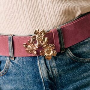 Sezane Pink Suede Belt with Gold Floral Buckle